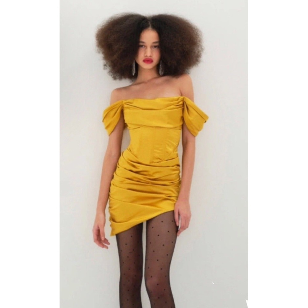 NEW For Love And Lemons Yellow Satin Drew Corset Dress Medium